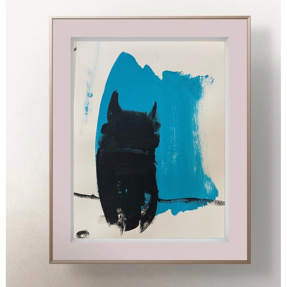 OMAN Original Cat Abstract Painting Blue Black Silhouette Modern Art 8.5x11